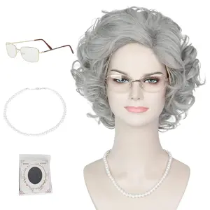 Short Curly Grey Old Lady Wig Old Women Grandma Wig with Granny Glasses Necklace for  Halloween