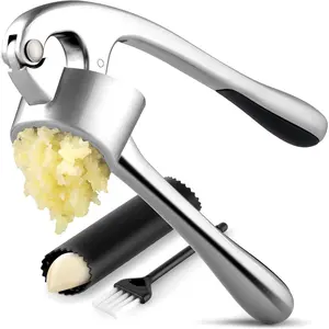 Kitchen Large Garlic Press Set - Bigger Bowl for Bigger Garlic - Rust Proof Garlic Mincer Tool - Silicone Garlic Peeler & Brush (Chrome)