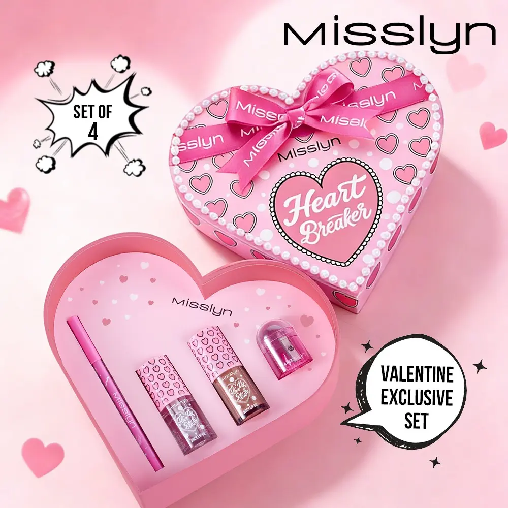 Misslyn Valentine's Exclusive Heart Breaker Lip Kit, 4-Pcs Makeup Set with Juicy Lip Oil, Long-Lasting Lip Liner & Sharpener