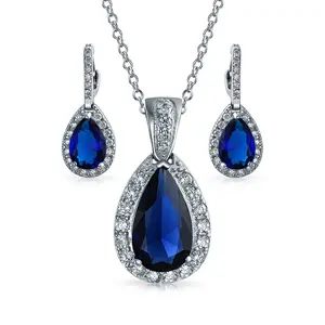 Solitaire Teardrop Halo Blue Green Red Cubic Zirconia CZ Pendant Necklace Earrings Jewelry Set