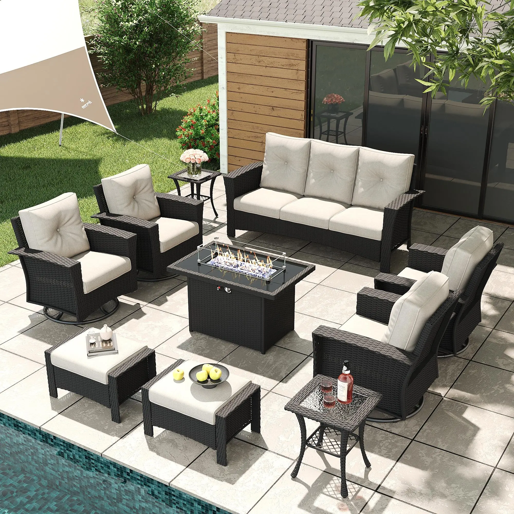 LayinSun 10-Piece Wicker Patio Furniture Set with Fire Pit Table, Classis Outdoor Conversation 360 Degree Swivel Chairs Set with Coffee Table, Multiple Packages summervibes