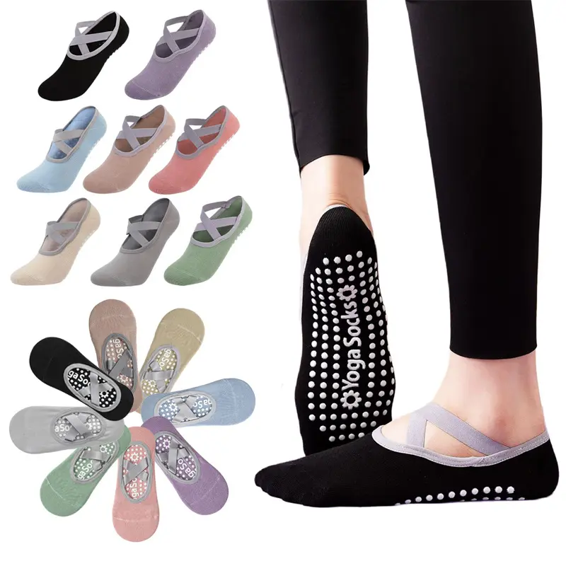 Women's Cotton Knit Nonslip Grip Socks (5 Pairs) with Straps, Enhanced Rubber Sole, Ideal for Yoga, Pilates, Female Adults, All Seasons Sports Socks