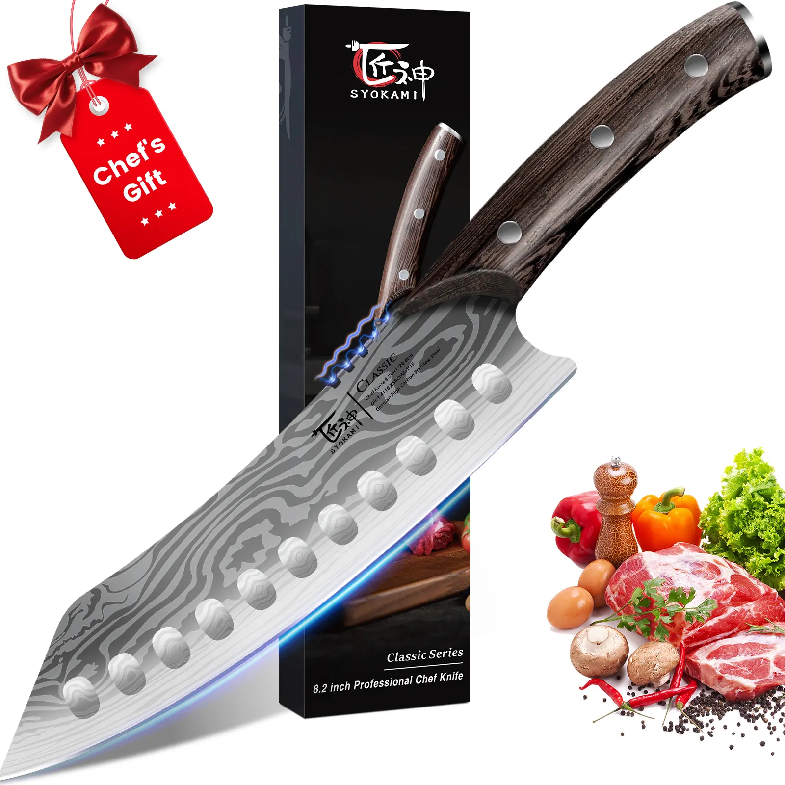 【DealsForYouDays】SYOKAMI 8.2in Forged Kiritsuke High Carbon Steel Chef Knife, Japanese Razor-Sharp Stain-Resistant Precision Cutting Knife, Damascus Pattern, Ergonomic Full Tang Wooden Non-Slip Handle, Adult Cooking Gift, Lifetime Durability