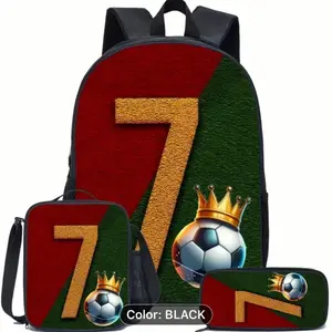Football Pattern Printed Backpack Three-Piece Set Black Color Includes Backpack Shoulder Strap Lunch Bag & Single Layer Pencil Case.        https://app.temu.com/m/qllq3356kni