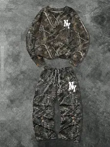 Men's Fashion Camo Set, Round Neck Sweatshirt & Sport Pants, Loose Fit, Casual Style, Spring & Fall, Comfortable
