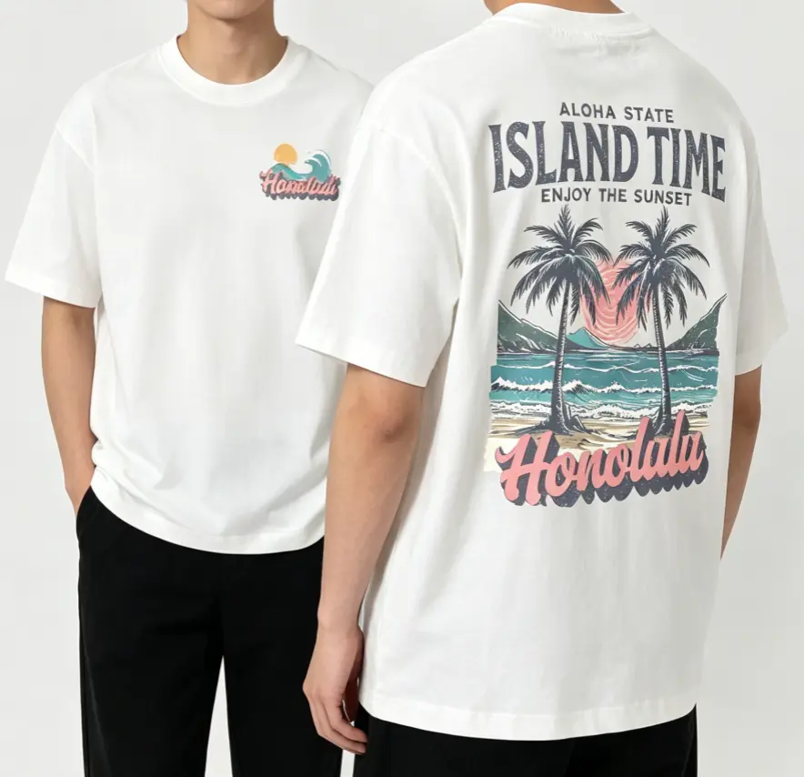 Unisex Loose-Fitting Crew Neck Shortsleeve Graphic Casual Tee - Double Sides Print, Vintage Hawaii Aloha State Honolulu Beach Sunset Palm Tree, 'Enjoy The Sunset' White Wash-Safe Outdoor Summer Top for Vacations, Tropical, Round Neck, Tshirt
