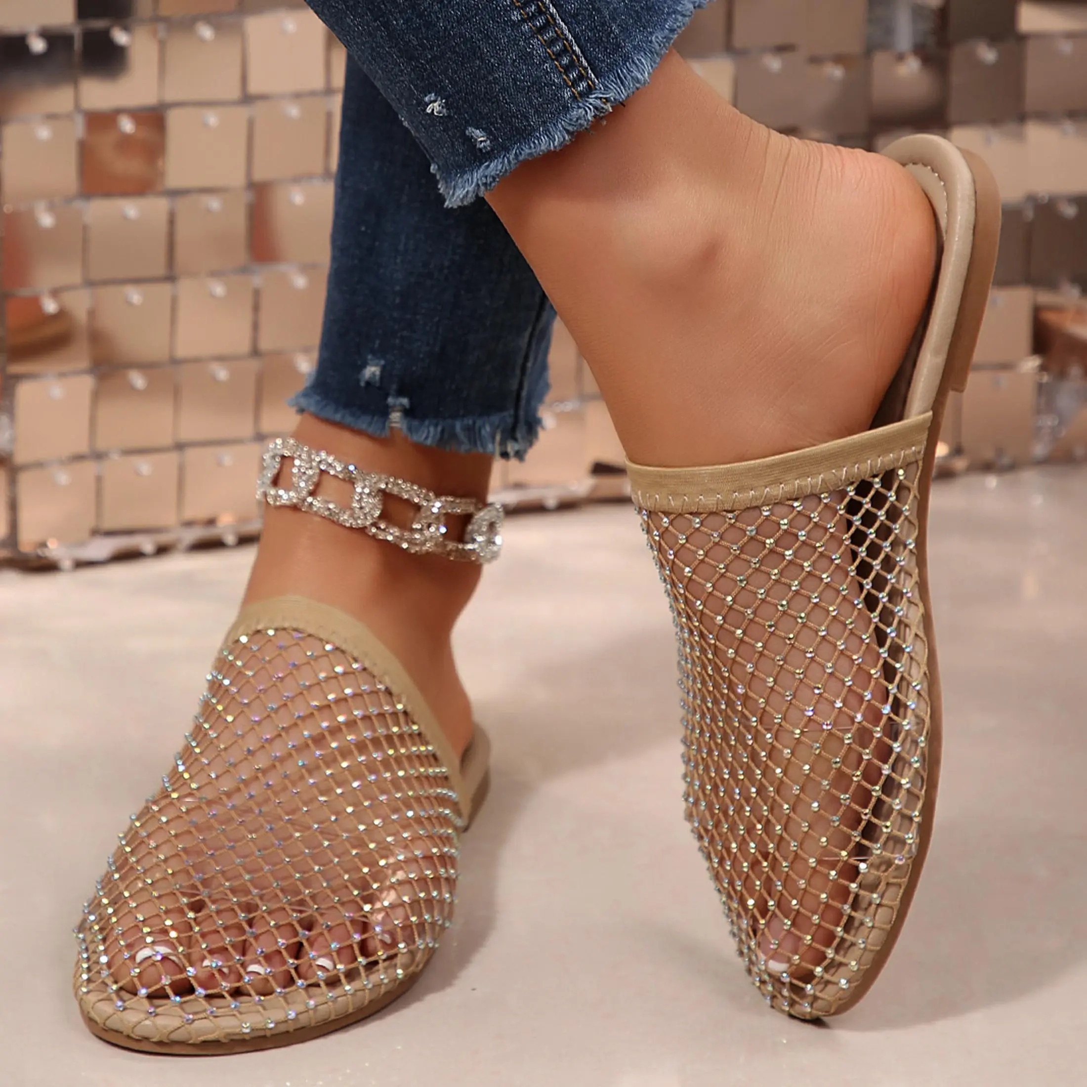 Comfortable Mesh Flats for Women Fishnet Sandals Low Heel Slip on Rhinestone Shoes