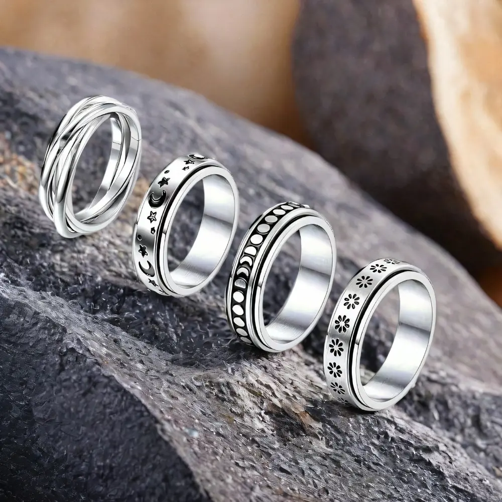 4-Piece Fidget Ring Set, Vintage Stainless Steel Moon, Star & Celtic Spinner Bands, Stackable Anxiety Relief Rings for Men & Women, Jewelry Rings Set, Stackable Ring Set