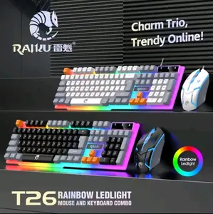 RAIKU T26 Rainbow LED Light Wired Mechanical Gaming Keyboard & Mouse Set Three-Tone Luminous Tough Combo