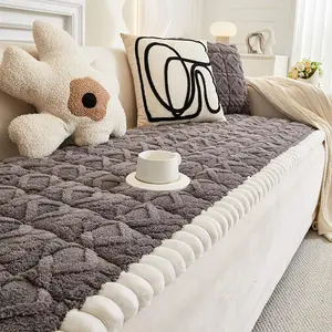 Thickened Warm Plush Sofa Cover with Ruffled Lace Edges Non-Slip Pet-Friendly Machine Washable for Living Room Bedroom Office