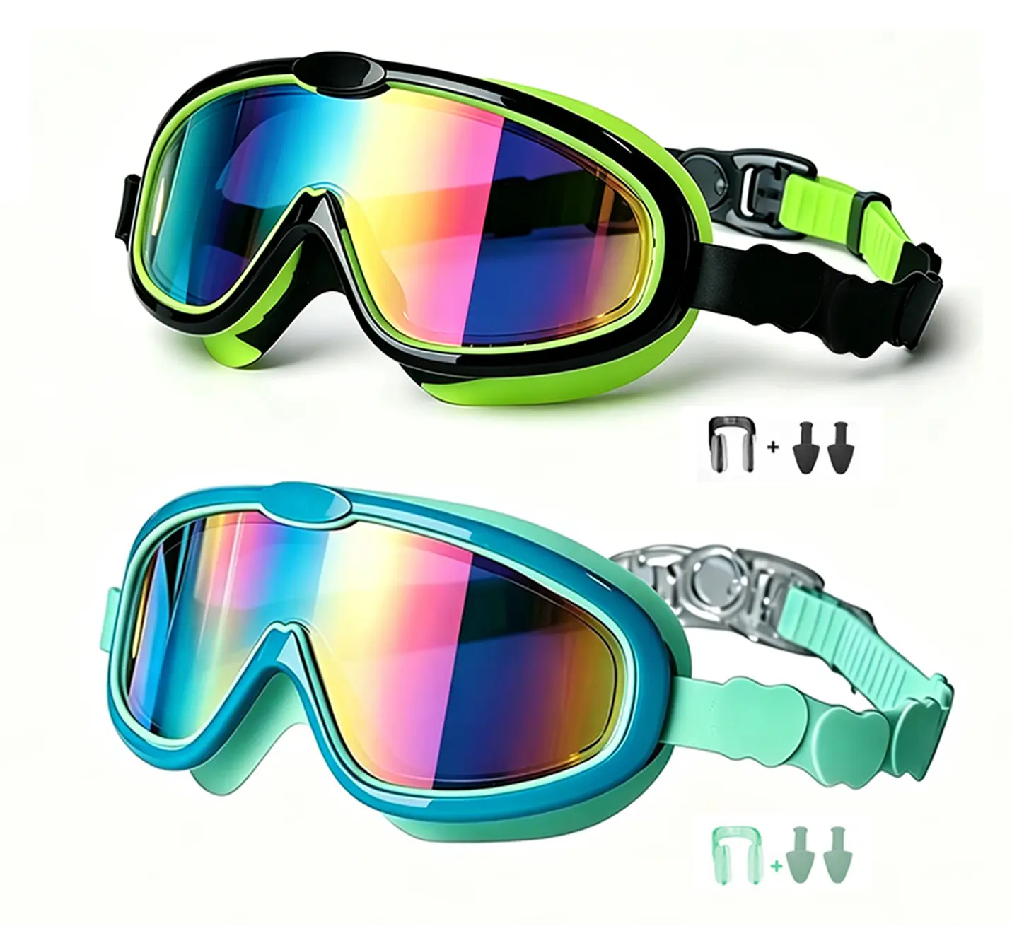 2 Pack Youth Swim Goggles, Full Seal Waterproof Anti-Fog UV Protection Swimming Glasses with Matching Earplugs Nose Clips for Kids 3-15 Boys and Girls