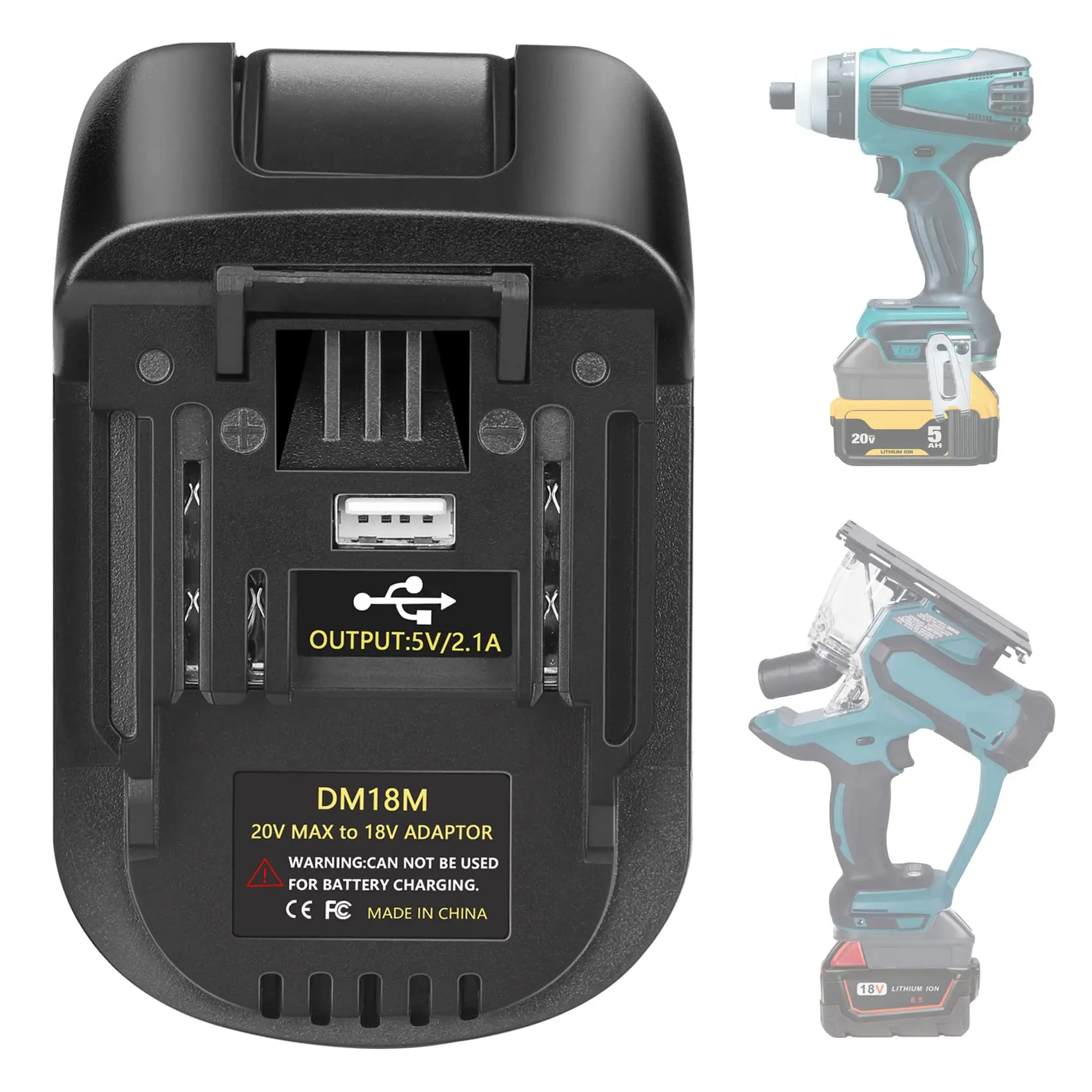 DM18M Converter Battery Adapter with USB Charging Socket for Dewalt 20V Battery & Milwaukee M18 18V Lithium Battery Converter to Makita 18V BL1830 BL1840 BL1850 Cordless Tools Use(Bare Adapter Only)