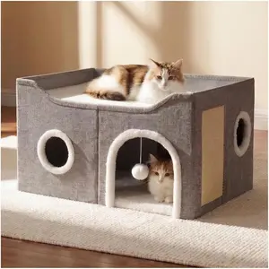 Cat Beds for Indoor Cats - Large Cat Cave for Pet Cat House with Fluffy Ball Hanging and Scratch Pad, Foldable Cat Hideaway, 23.8x15.9x13.2 inches, Grey