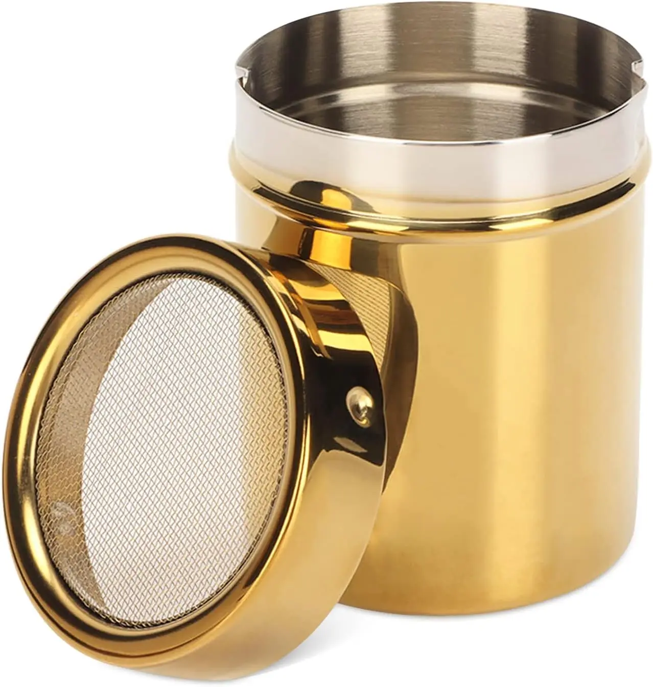 Stainless Steel Dredge Shaker, Powder Sugar Dispenser Fine Mesh Powder Sugar Shaker with Lid Gold Salt and Pepper Shakers for Kitchen Powdered Sugar Shaker
