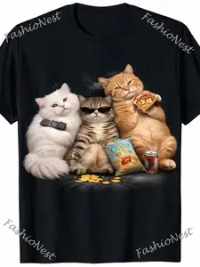 Casual T-Shirt for Men Featuring Humorous Cats| Graphic Tee Showcasing Cool Cat Characters Enjoying Snacks And Pizza| Soft And Breathable, Made Of, Classic Fit, Crew Neck - Ideal for Casual Attire, Available in Sizes S to 3XL
