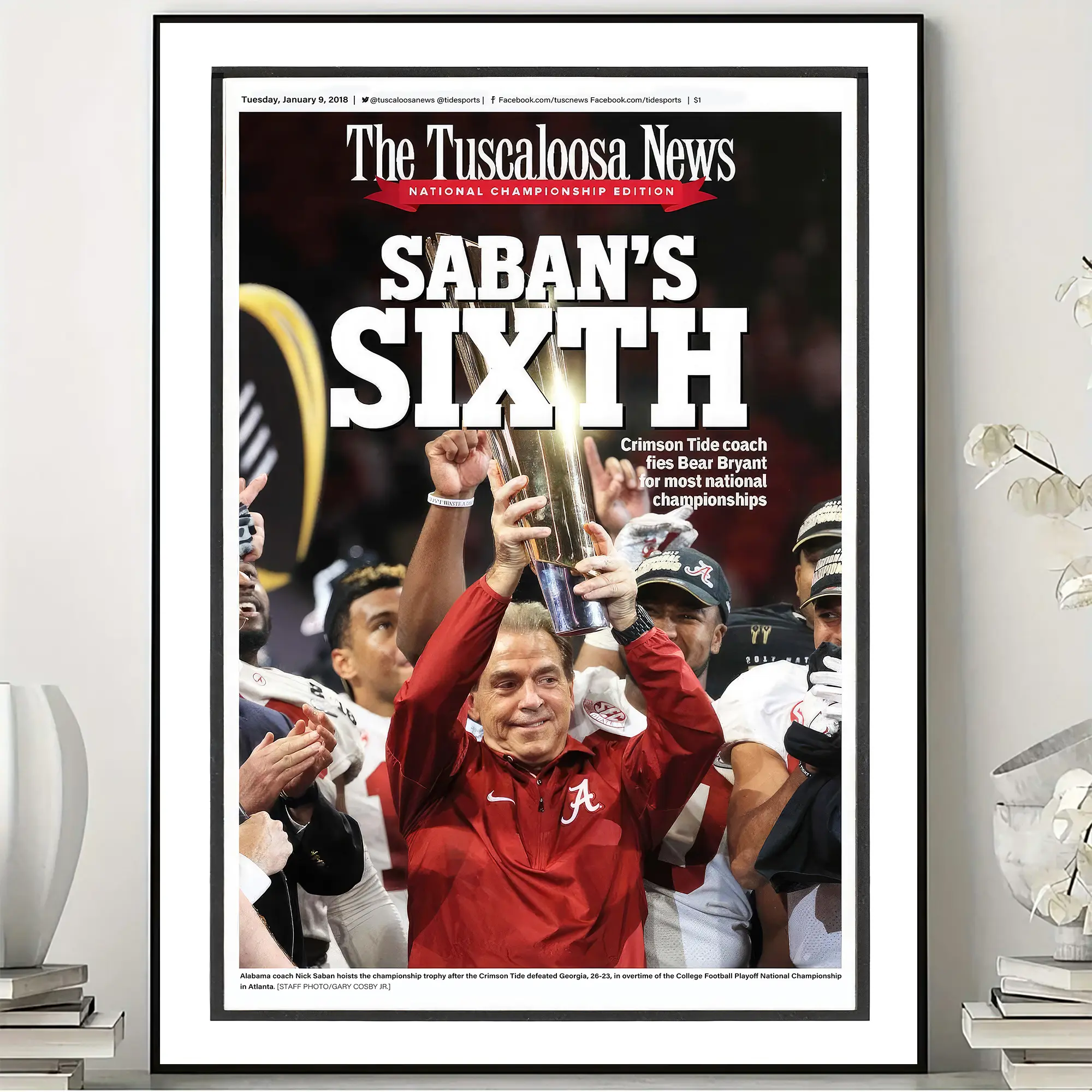 2018 Alabama Crimson Tide “Saban’s Sixth” National Champions Poster, College Football Wall Art, Bama Fan Gift, No Frame