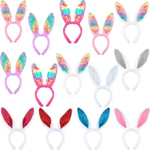 14 Pack Easter Bunny Ears Headband Colorful Plush Ears Headband Sequined Bunny Hair Hoop for Easter Birthday Cosplay Favors