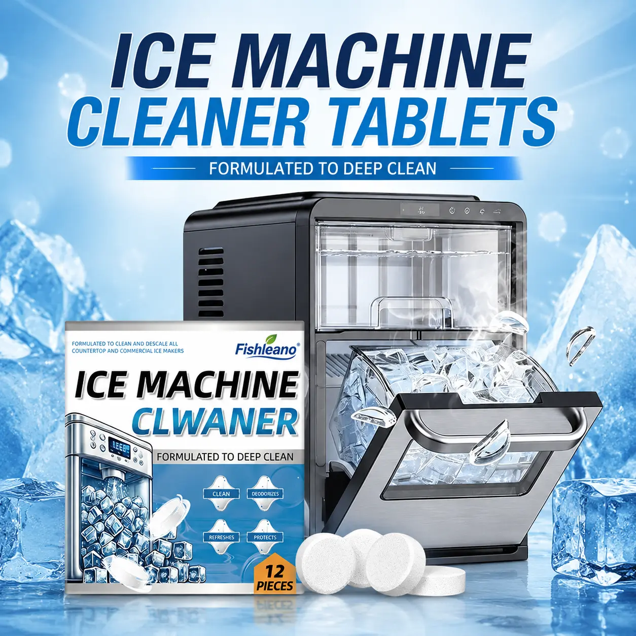 12 Pack Ice Machine Cleaner Tablets – Practical Descaling Cleaning Tablets, Effectively Remove Limescale & Odors, Gentle Formula for Stainless Steel, Keep Countertop & Commercial Ice Makers Fresh and Clean, Kitchen Supplies