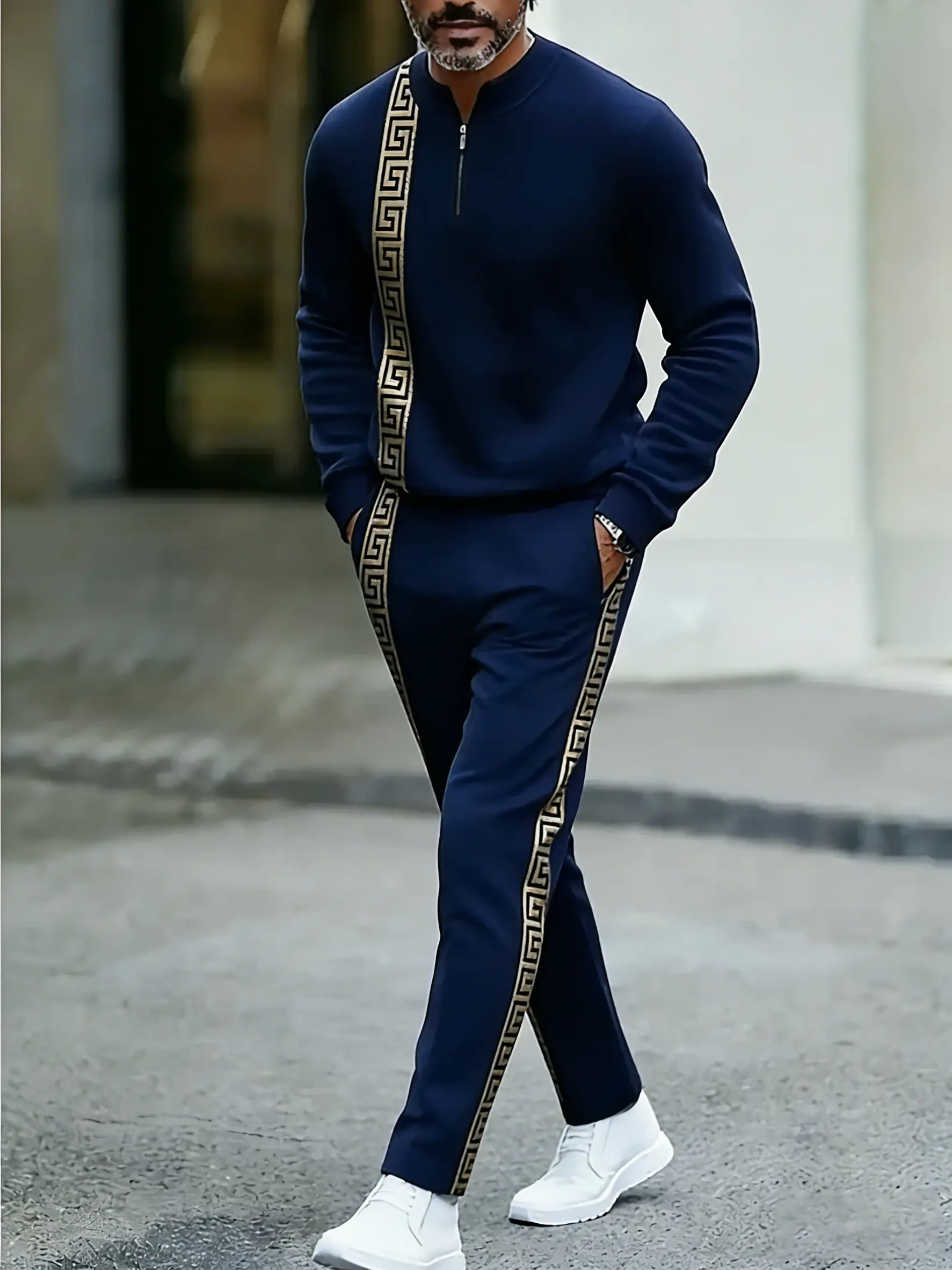 Men's Fashion Casual Zipper Stand Collar Long Sleeve Hoodie & Pants Set in Light Blue with White Stripes and Navy Blue Bottoms Men's Fashion Casual Zipper Stand Collar Long Sleeve Hoodie & Pants Set in Light Blue with White Stripes and Navy Blue Bottoms