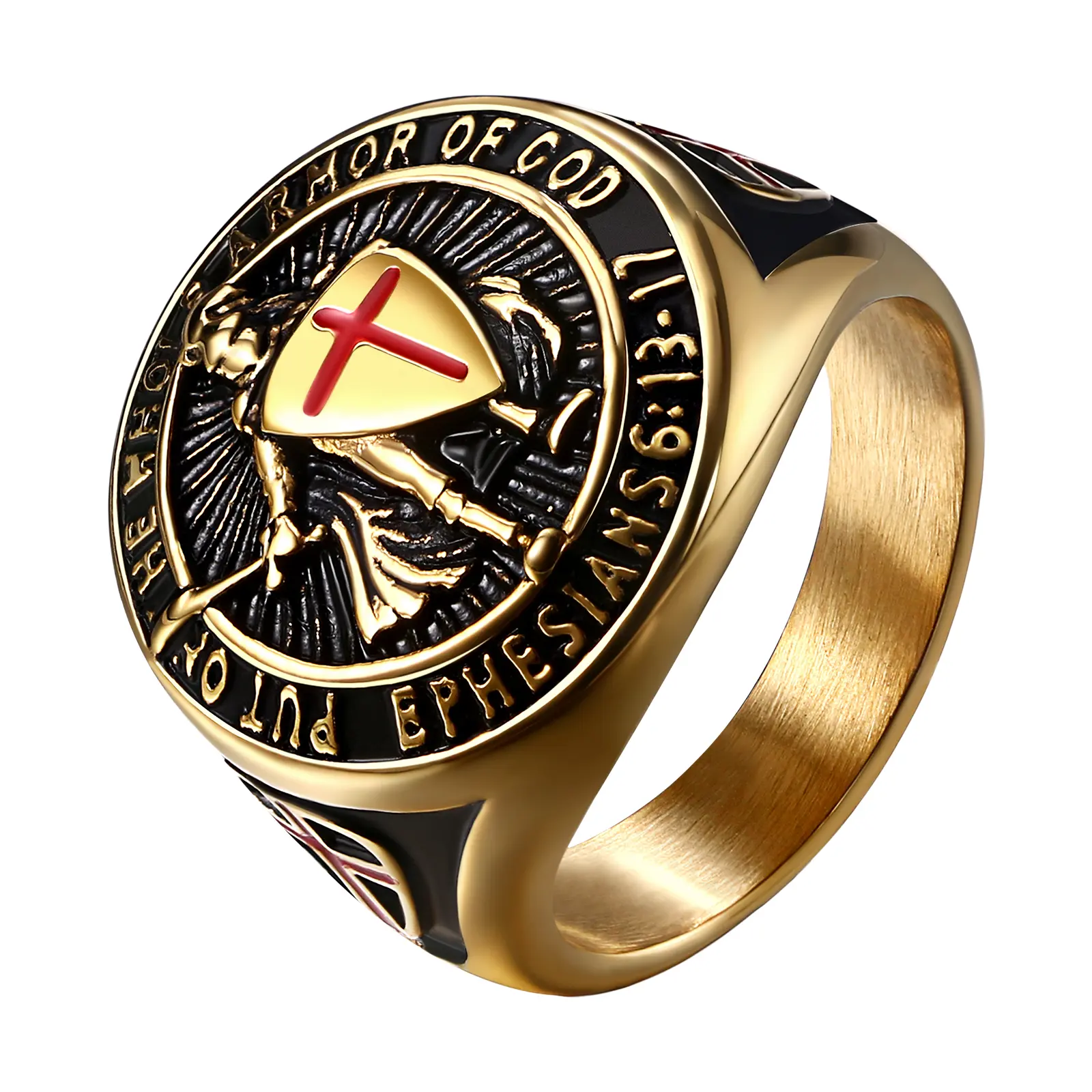 OIDEA Gold-Tone St. Michael the Archangel Protection Ring for Men, Catholic Red Cross Metal Coating Religious Medal Amulet, Christian Symbol Jewelry, Men's Accessories, Daily Wear Gift Accessories,summerwins