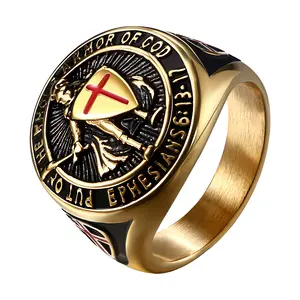 OIDEA St Michael Rings for Men: Gold Tone Saints Michael The Archangel Red Cross Ring Catholic Medal Religious Amulet Jewelry Gifts for Mens Womens