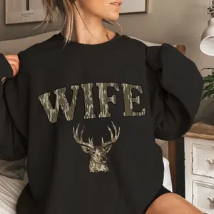 Wife Deer Hunt Camo Bottomland Pattern Crewneck Sweatshirt, Mama Hunting Season Tee