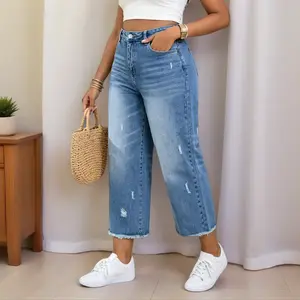 New Plus Size Women's Solid Color Washed Denim Bottoms - Loose Fit, Raw Hem, Straight Leg, Light Luxury High Quality Casual Clothes for Spring Daily Commute & Beach Vacation Old Money Style Relaxed Outdoor Comfort