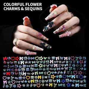 TQIGWRB Nail Charms Kit with 24 Grids Multi Shapes Flatback AB Rhinestones Gold Pearls Y2K Style 3D Hawaii Flowers for Nail Art Design