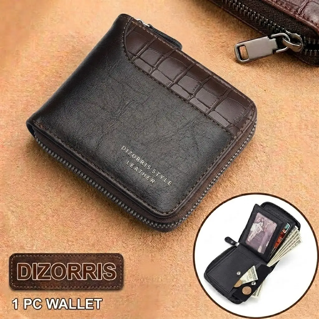 Men's Short Tri-fold Wallet: Trendy, High-Capacity Design Featuring Stone-Grain Patchwork, a Zippered Coin Pocket, and Multiple Card Slots.