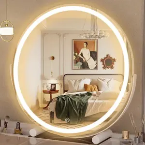 New 18 LED Lighted Round Vanity Mirror with Smart Touch Control 3 Colors Dimmable 360°Rotation Stainless Steel Frame Aluminum Construction Dresser Mount 110V-240V US Plug Glass Surface Recommendation by Hasipu Decor Smooth