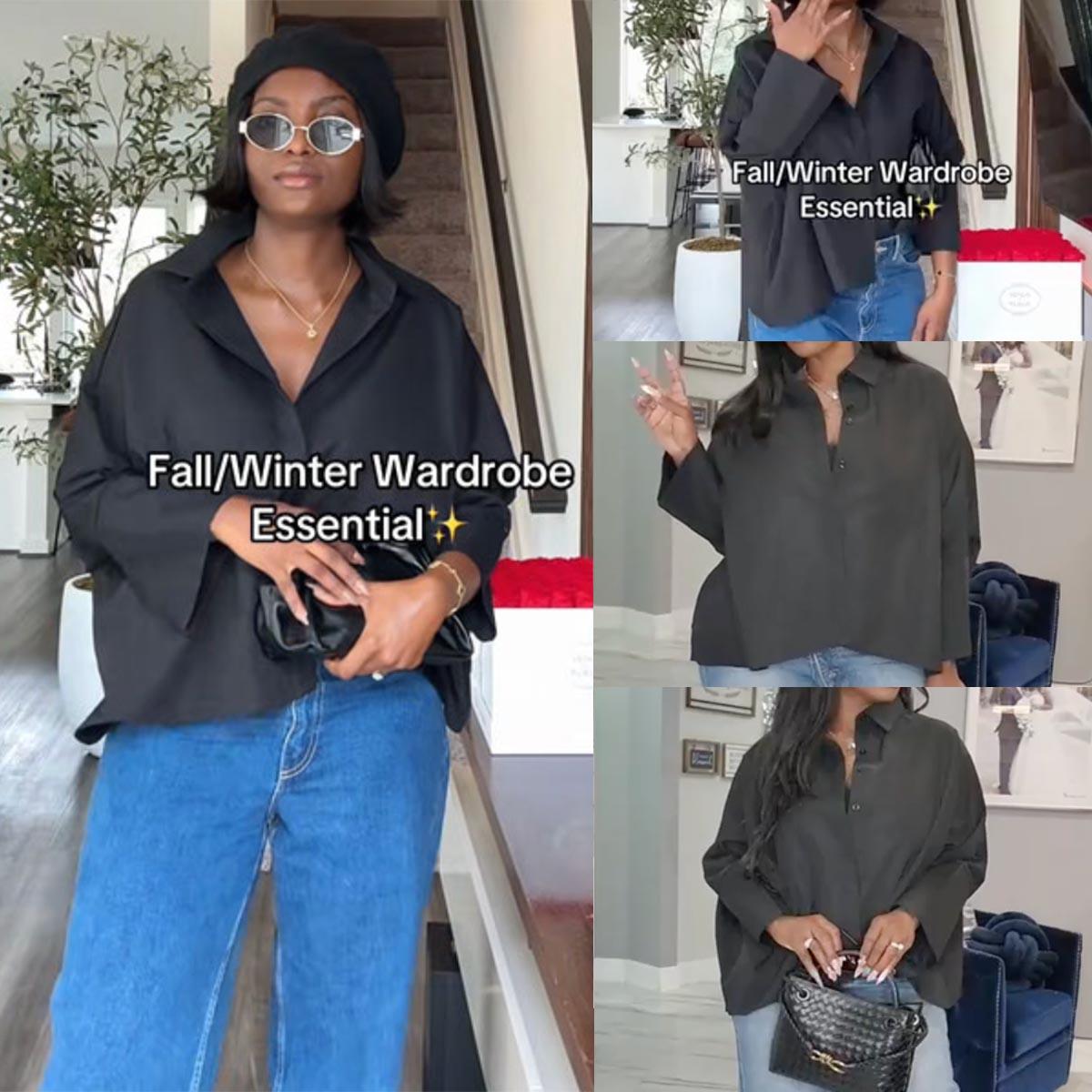 UOOZEE Women's  Loose Oversized Fit Multi-Colored Lapel Shirt Tops for all seasons loose and simple Polyester oversized versatile commuting suitable for a variety of occasions Collared Longsleeves cute fall outfits going tops office outfits  Chic  Casual