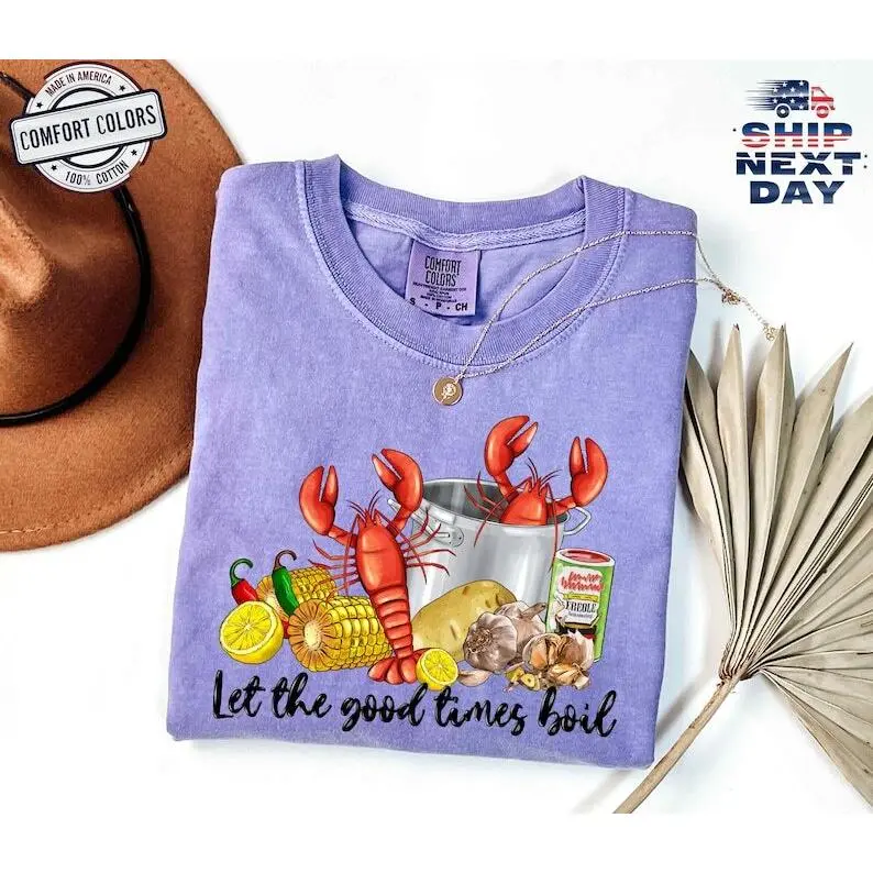 Comfort Colors ® Let The Good Times Boil Shirt, Crawfish Boil , Seafood Lover T-Shirt, Funny Cajun Food Sweat, Lobster Party Shirt Cotton Knit Light Top