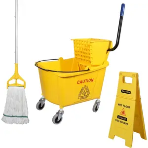 Side Press Wringer Combo Commercial Mop Bucket on Wheels, 35 Quart,Yellow, Including Wet Floor Caution Sign(24Inch) and One Industrail Mop
