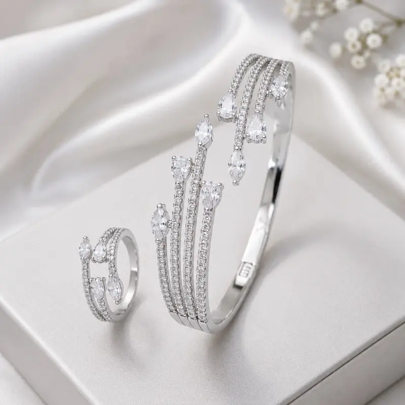 Luxury Silver Crystal Cuff Bracelet & Adjustable Ring Set | Elegant CZ Jewelry Gift for Women