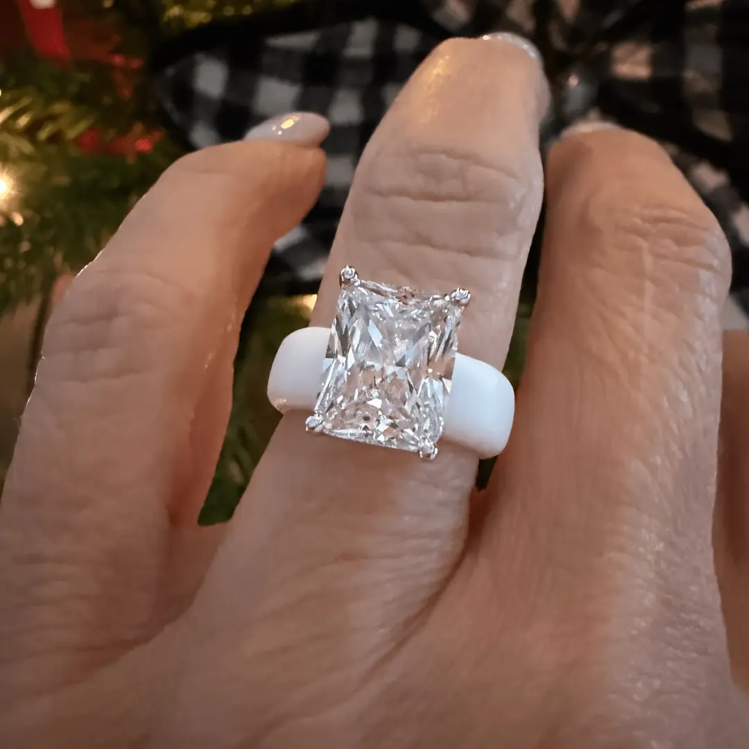 Silicone engagement ring with a laser-cut band featuring genuine cubic zirconia; comfortable, snug fit; white; hypoallergenic soft silicone wedding ring specially designed for women’s everyday wear, travel, and sports.