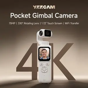 75-megapixel 4K Ultra HD pocket gimbal camera with a 330° rotating lens, includes a 32GB memory card, supports automatic face tracking and 4x zoom, features Wi-Fi transfer to smartphones, a 1.72-inch touchscreen, and built-in smart beauty filters