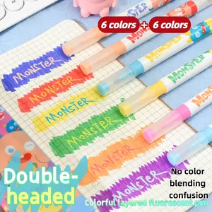 12 Colors Chisel & Round Tip Highlighters, No Bleed, Aesthetic Cute Pastel Markers for Journaling, Note Taking, School Supplies, Stationery（Dual Tip Monster Highlighter Pens ）