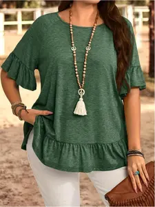 Women's Casual Loose-Fitting Short Sleeve Top, Breathable Knit Fabric, Ruffled Hem Design, Perfect for Daily Wear & Outdoor Activities