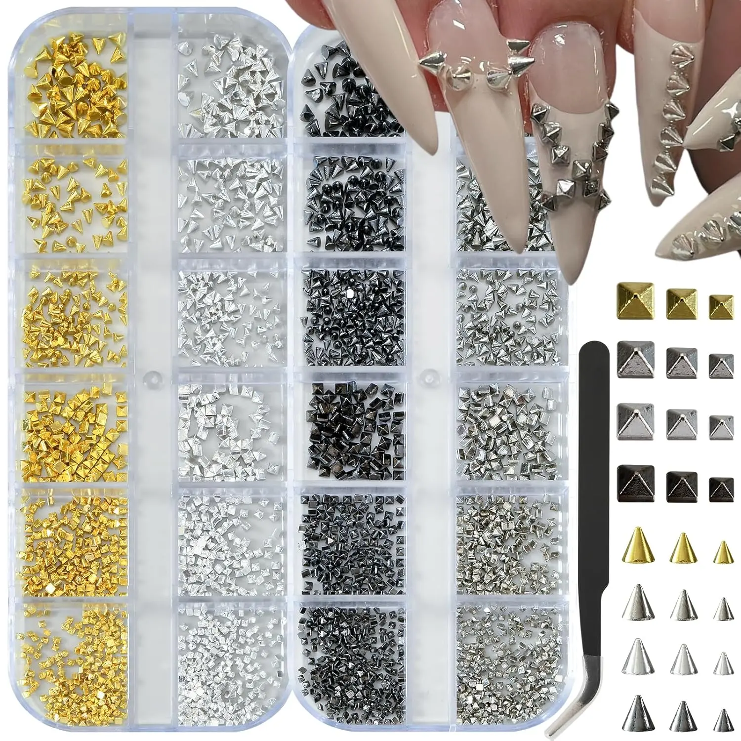 2 Box Goth Nail Charms Punk Metal Nails Studs Square Cone Spike Gold White Gold Silver Black Accessories