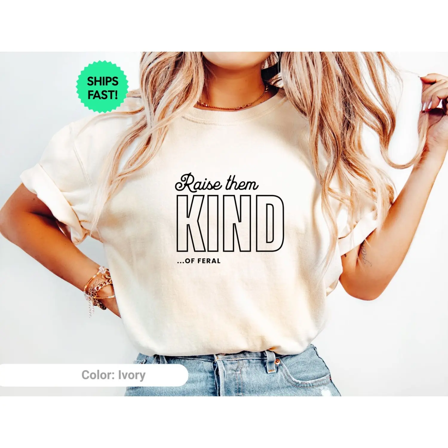Women's Graphic T-Shirt 'Raise Them Feral', Heavyweight Combed Cotton Casual Shortsleeve Style, Made in USA, Fabric, Round Neck, Tee, Tops, Tshirt, Crew Neck, Graphic Print, True-To-Size, Basic, Classic