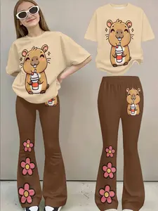 Girls' Capybara 3D Printed Set, Short Sleeve Bell Pants Two-Piece Set, Summer Casual Kids Clothing