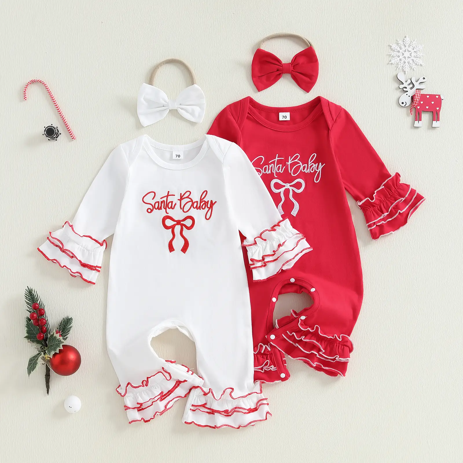 Infant Baby Girl Christmas Outfit Bow Letter Print Ruffle Long Sleeve Romper Bow Headband 2 Piece Set 0-18 Months