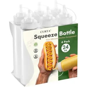 6-Pack 24 oz Clear Squeeze Bottle with Cap, BPA-Free Easy-to-Squeeze Condiment Dispenser with oz & ml Markings for Sauce, Oil, Dressing, Dishwasher Safe, White