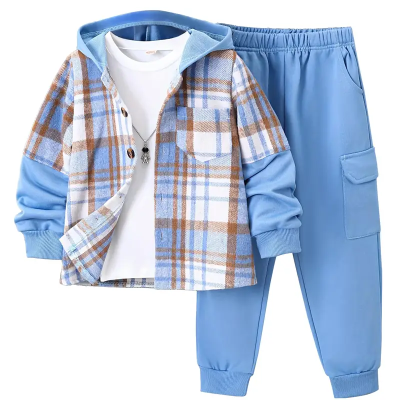2-piece boys' set autumn and winter new Halloween boys' clothing long sleeved checkered hooded sweatshirt jacket clothing children's fashion workwear