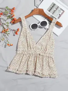 Women's Ditsy Floral Print Frill Trim Shirred Peplum Cami Top, Boho Fashion Deep V Neck Top for Daily Holiday Vacation Wear, Ladies Clothes for Summer