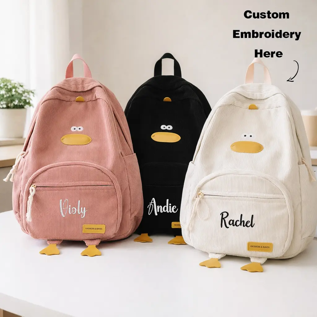 [Women'S Fashion Backpack] Personalized Custom Embroidery Name Large Capacity Backpack Cartoon Duck Design Corduroy Soft Touch Casual Backpack Daily Commute, Travel, Vacation And Shopping Day Bag