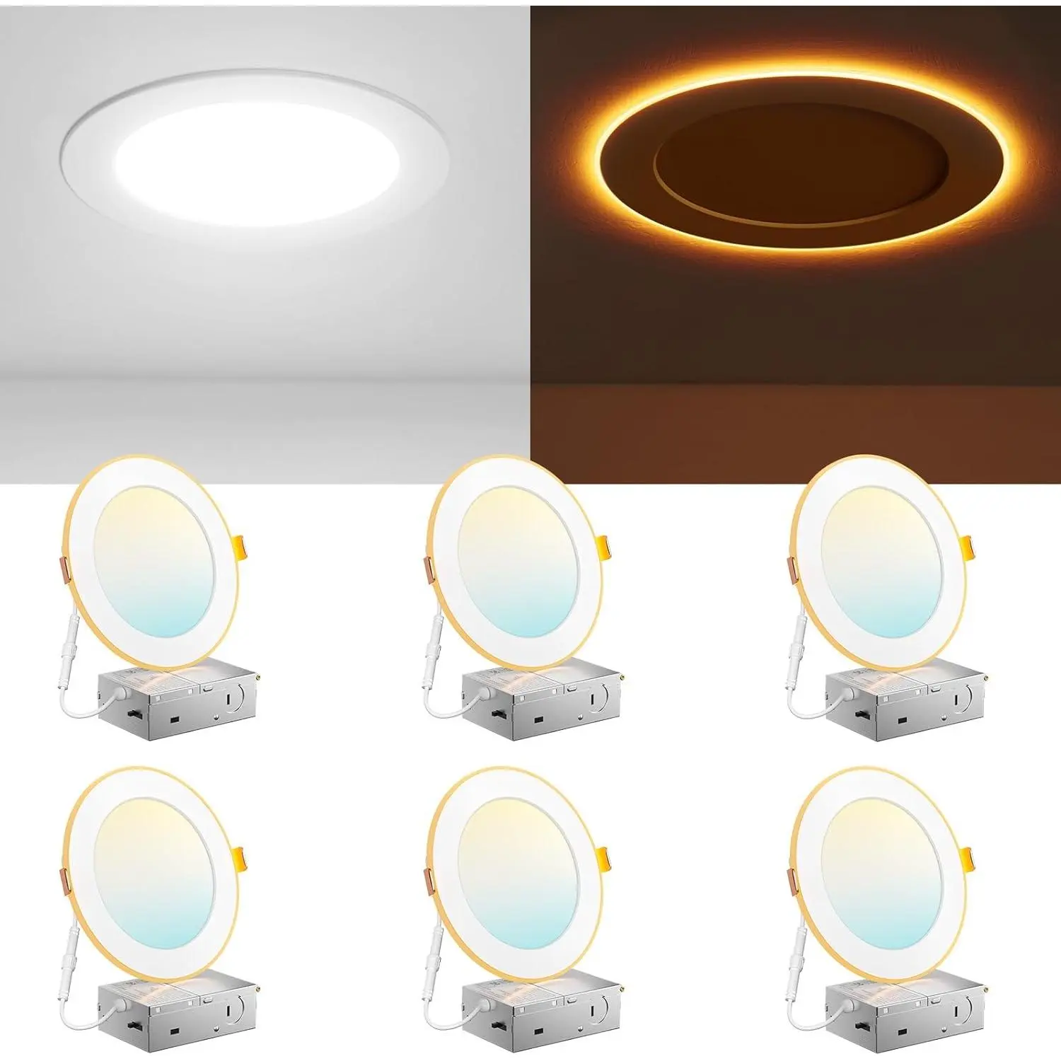 6 Pack 6 Inch 5CCT LED Recessed Ceiling Light with Night Light, 2700K/3000K/3500K/4000K/5000K Selectable Ultra-Thin Recessed Lighting, 12W=110W, 1100LM, Dimmable Canless Wafer Downlight ETL&FCC