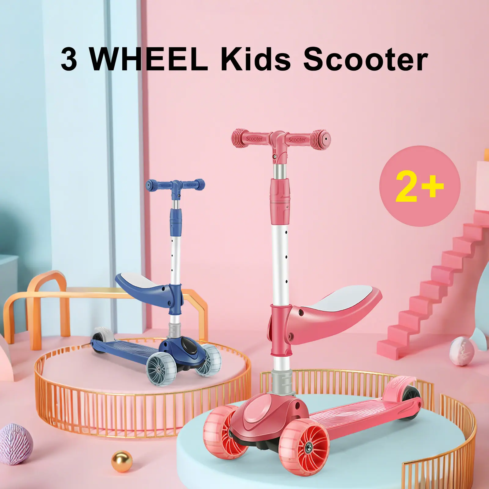 2-in-1 Kids Scooter Foldable Seat Light 3 Wheel Adjustable Folding Bar Blue/Pink