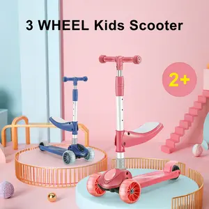 2-in-1 Kids Scooter Foldable Seat Light 3 Wheel Adjustable Folding Bar Blue/Pink