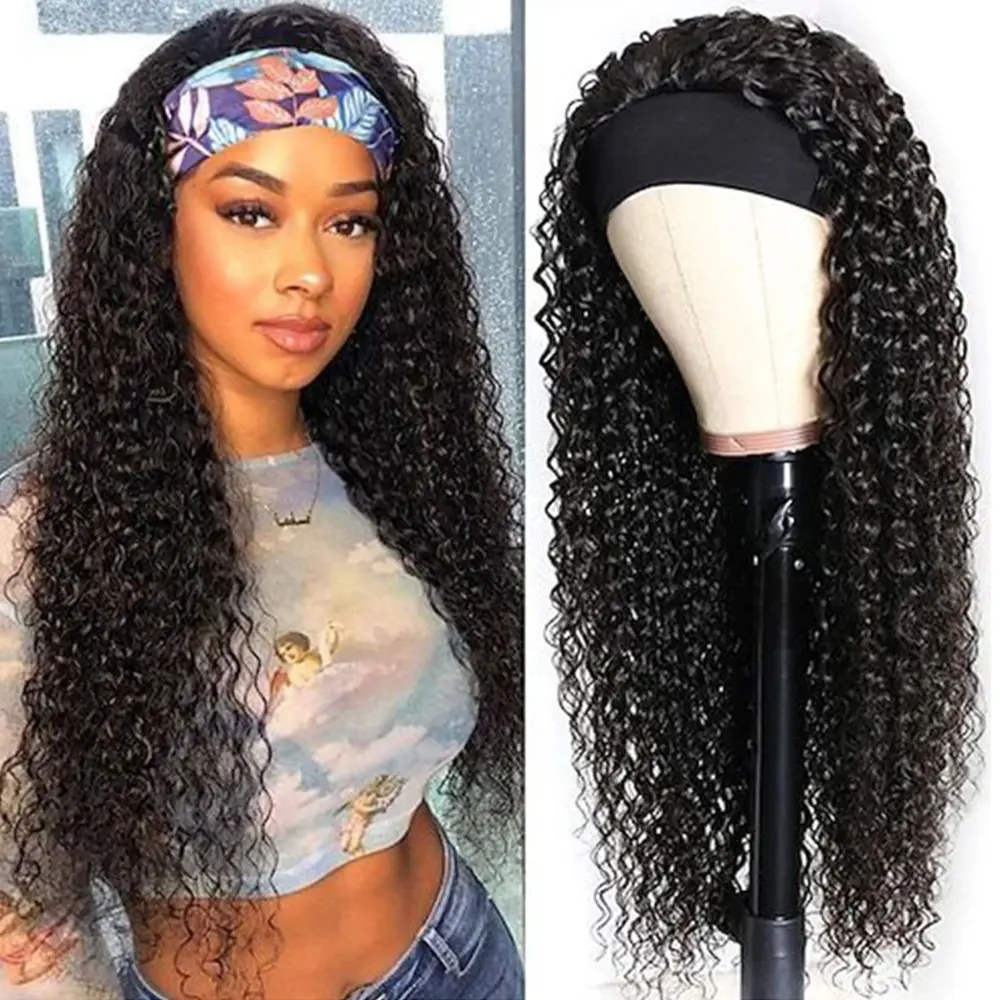 Bling Hair Headband Wig Human Hair Kinky Curly No Glue Full Machine Made Brazilian Remy Human Hair Wigs For Women 180% Density